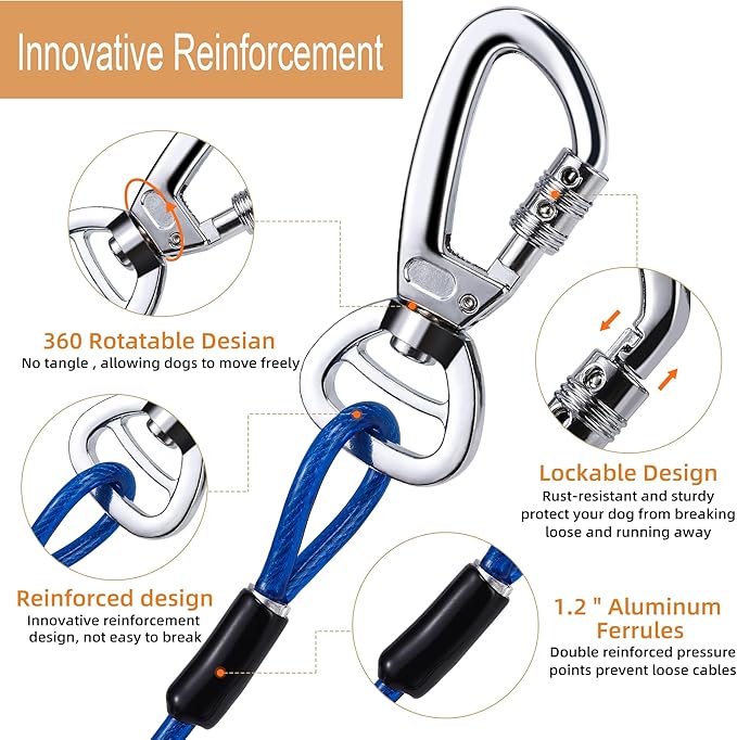 Heavy Duty 30FT Dog Tie Out Cable and Stake for Large Dogs, Dog Tie Out Stake and Cable Anchor for Dogs Up to 200 lbs,for Yard, Beach, Outdoor(Orange)