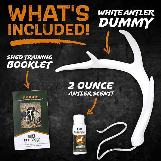 DogBone Shed Hunting Dog Training Kit – Train Your Puppy to Find Deer Antlers - Includes 2 oz Scent for Nosework & Flexible Floating Dummy for Retrieving - Perfect for Whitetail Hunters