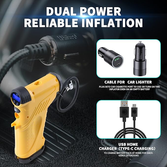 12V Cordless Tire Inflator with LCD Display, 150PSI High Pressure Air Compressor for Car Tires - Fast Charging 22mm Metal Cylinder Pump with Auto Stop, Digital Gauge, LED Light & Dual Power Options