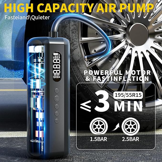 Tire Inflator Portable Air Compressor 150PSI Air Pump for Car Tires - Portable Bike Pump with LED Light, Presta Valve, Storage Bag