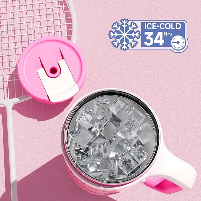 POWCAN 40 oz Tumbler with Handle, 2-in-1 Straw and Sip Lid, Leakproof, Dishwasher Safe, Insulated Stainless Steel Travel Coffee Mug, Keeps Cold for 34 Hours, Fits in Car Cup Holder (Pink Ladies)