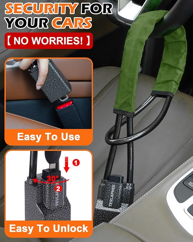Tevlaphee Steering Wheel Lock Seat Belt Lock Universal Anti Theft Car Device Car Lock Car Theft Prevention with 3 Keys for Car Security Fit Most Vehicles Truck SUV Van (Green)