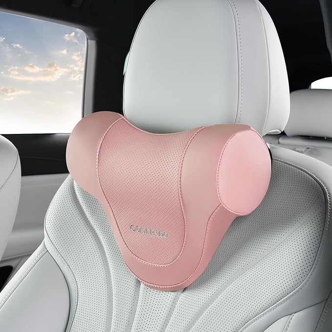 Coverado Car Headrest Pillow, Ergonomic Memory Foam Car Neck Pillow for Driving Seat with Adjustable Strap, Soft PU Leather Breathable Removable Cover Neck Support for Neck Pain Relief, Pink