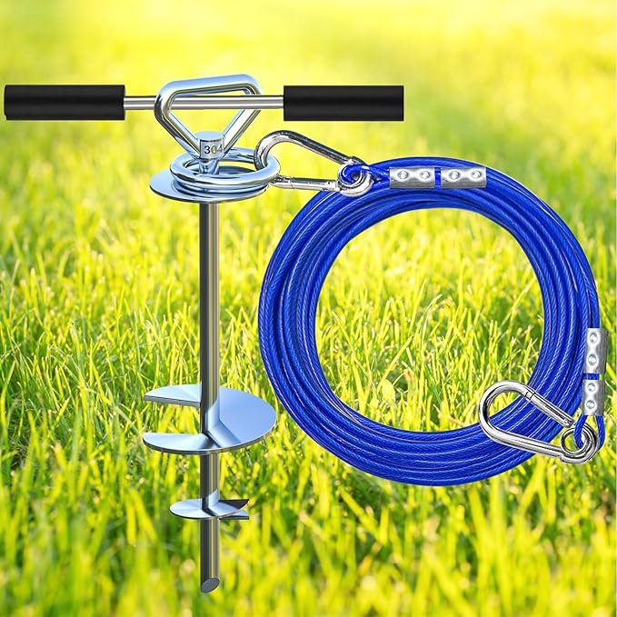 Dog Tie Out Stake with 20ft Swivel Cable for Large Dogs up to 150 lbs - Heavy Duty for Yard, Sand, or Beach