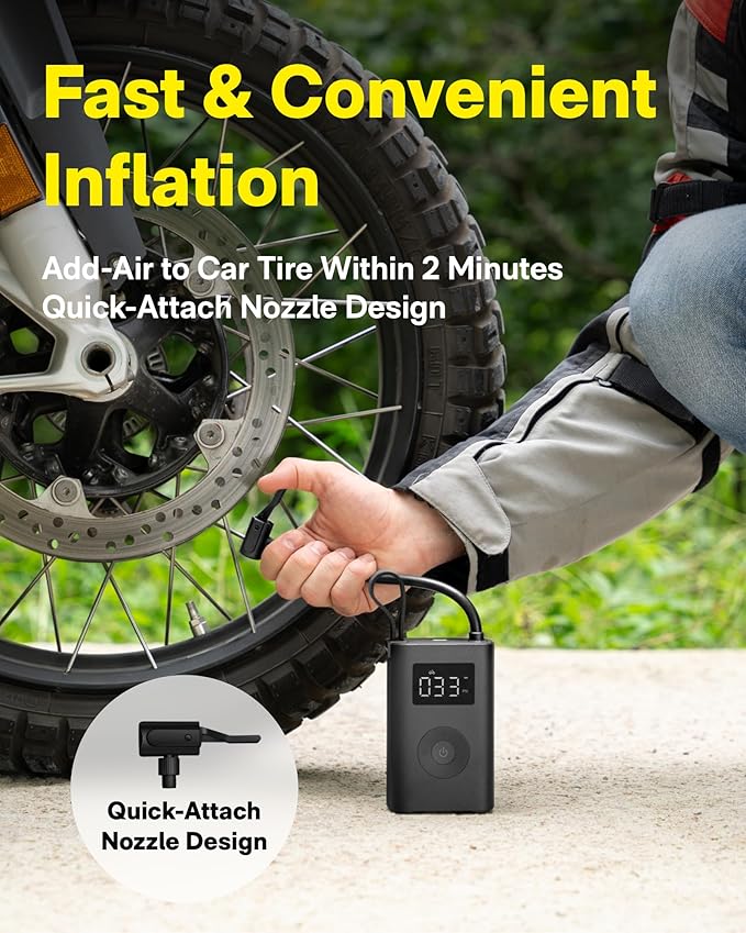 HOTO Air Pump ADV, Tire Inflator Portable Air Compressor with Digital Pressure Gauge 150PSI, Electric Tire Pump with 2*2000 mAh Battery, LED Light & Auto Shut-Off, Fits for Car, Motorcycle, Bike, Ball