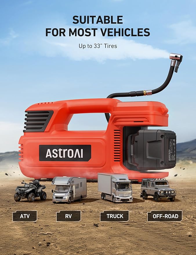 AstroAI TC4 Portable Air Compressor Tire Inflator, 470W 18V Cordless Air Pump for Truck Tires with 4000mAh Battery, 150PSI Heavy Duty Air Compressor with Digital Display for Car, RVs, SUV Red