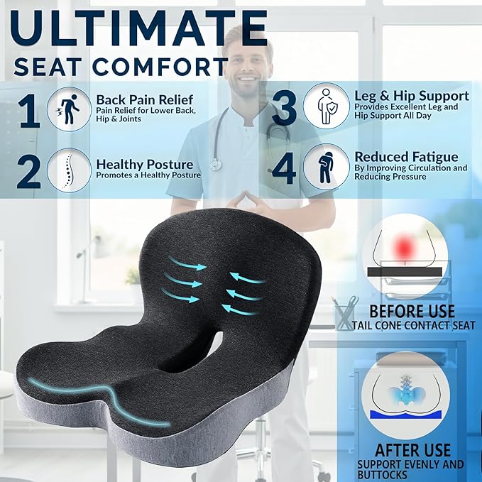 Casimer Ergonomic Seat Cushion for Truck Drivers, Office Chairs, Car Seats Memory Foam Chair Pad for Back Pain, Non-Slip, Long Sitting Support, Car Seat, Desk Chair Use (Gray)