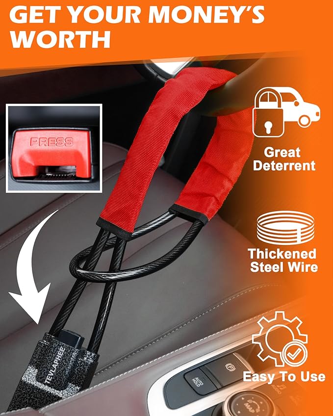 Tevlaphee Steering Wheel Lock Seat Belt Lock Universal Anti Theft Car Device Car Lock Car Theft Prevention with 3 Keys for Car Security Fit Most Vehicles Truck SUV Van (Red)