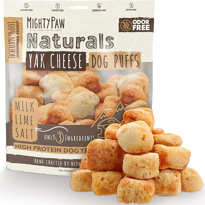 Mighty Paw Yak Cheese Puffs for Dogs - All-Natural Pet Treats for All Sized Breeds - Odorless Limited-Ingredient Chews for Puppies & Power-Chewers - Rich in Protein and Calcium - Easy to Chew (12 oz.)