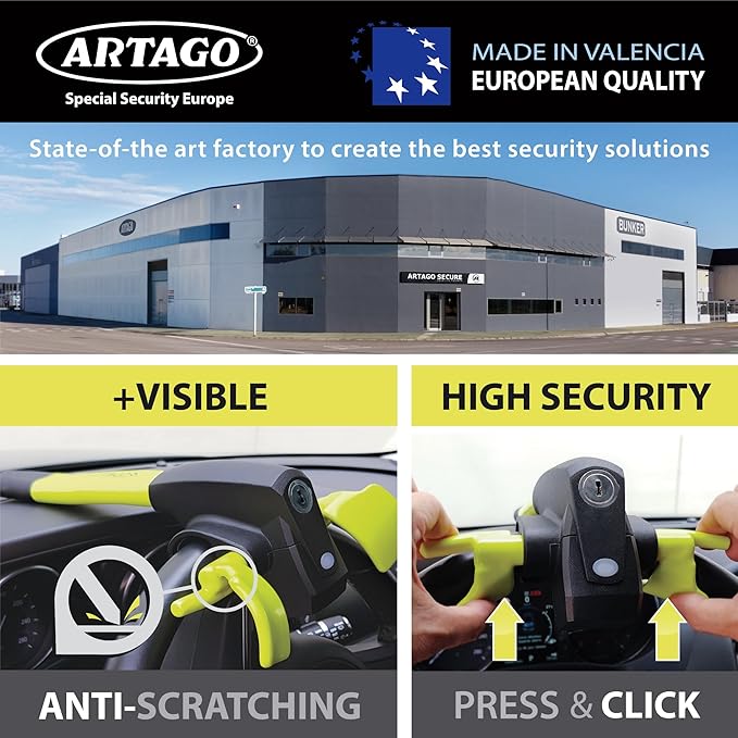 ARTAGO 870 High-End Steering Wheel Lock, 2in1 Without/With 120dB Alarm +Don't Touch +LED, More Secure & Deterrent Around a Spoke, Best Locking Bar, Universal Anti Theft Device for Car Truck Van Camper