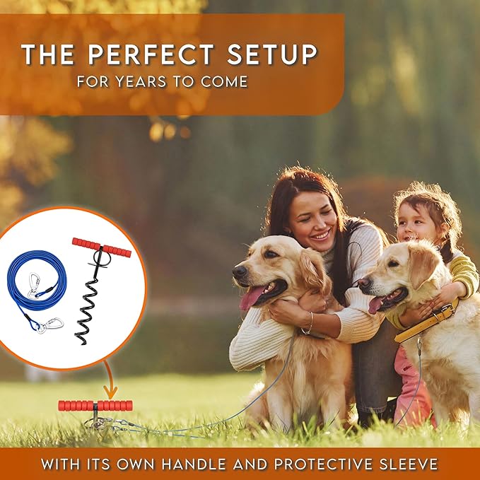 Heavy Duty 20FT Dog Tie Out Cable and Stake for Large Dogs, Dog Tie Out Stake and Cable Anchor for Dogs Up to 200 lbs,for Yard, Beach, Outdoor(Black)