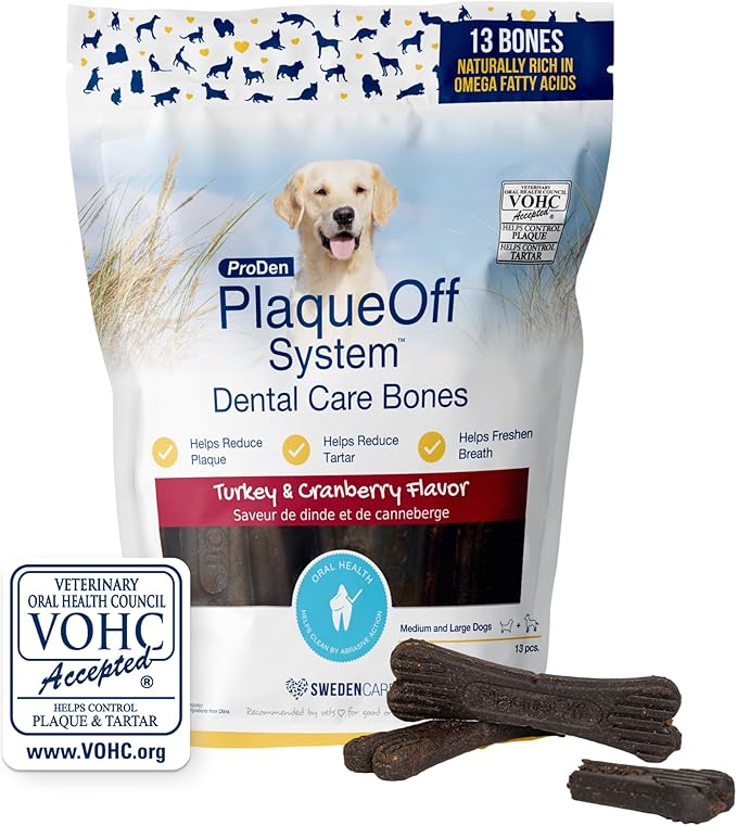 ProDen PlaqueOff System Dental Care Bones for Dogs - Dog Breath Freshener & Plaque Remover - Dog Teeth Cleaning for a Healthy Mouth - Turkey Cranberry Flavor - 17 oz