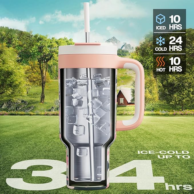 40 oz Camo Tumbler with Handle, 2-in-1 Straw and Sip Lid, Leakproof, Dishwasher Safe, Insulated Stainless Steel Travel Coffee Mug, Keeps Cold for 34 Hours, Fits in Car Cup Holder (Rose Dappled)