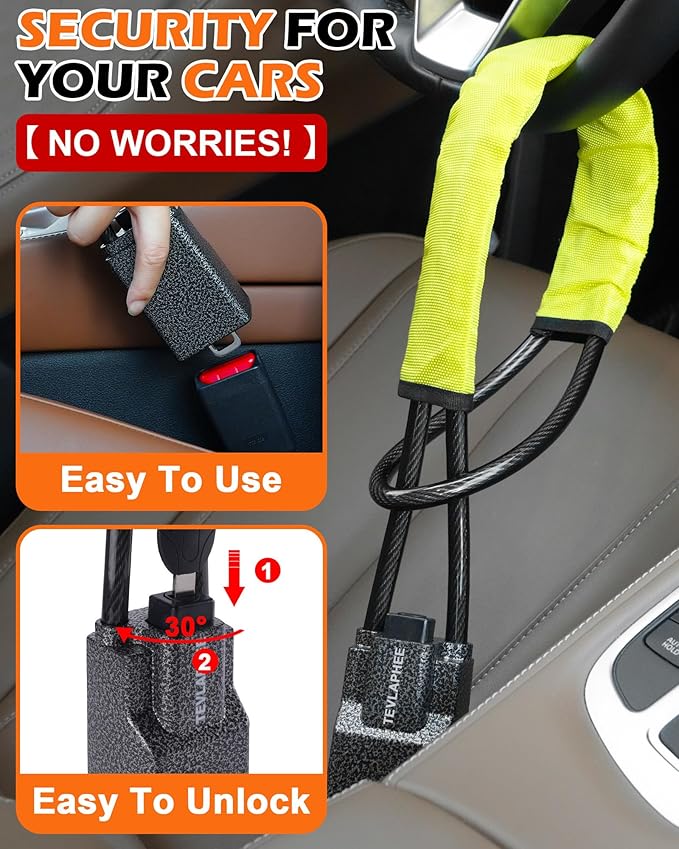 Tevlaphee Steering Wheel Lock Seat Belt Lock Universal Anti Theft Car Device Car Lock Car Theft Prevention with 3 Keys for Car Security Fit Most Vehicles Truck SUV Van (Yellow)