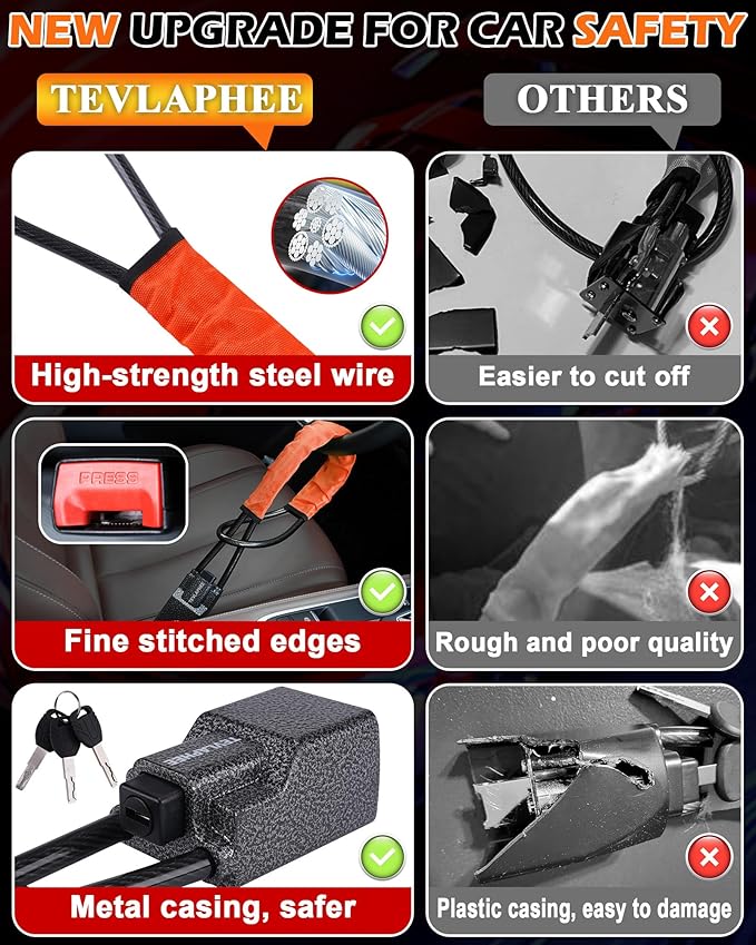 Tevlaphee Steering Wheel Lock Seat Belt Lock Universal Anti Theft Car Device Car Lock Car Theft Prevention with 3 Keys for Car Security Fit Most Vehicles Truck SUV Van (Orange)