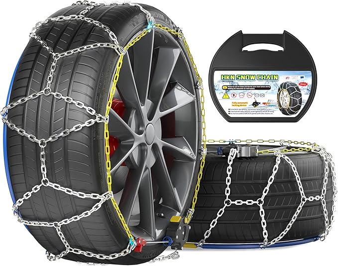 Snow Chains for Car Tires, 35s Quick Fit & Auto-Tightening, Universal Emergency Anti-Slip Tire Traction Chains for Cars, SUVs & Trucks, Reusable Portable Set of 2 (HKN-140)