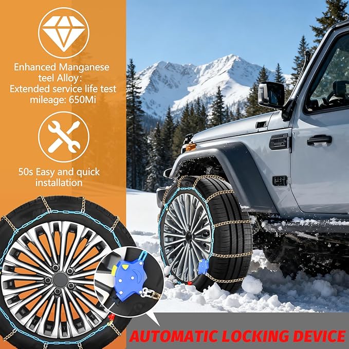 DEDC Auto Lock Snow Tire Chains, 50s Quick Easy, Enhanced Manganese Steel Alloy Endurance Life 650 Mi, Icy and Snowy Road Tire Traction for Car SUV 235 245 255 265 275 Set of 2 (LS1521)
