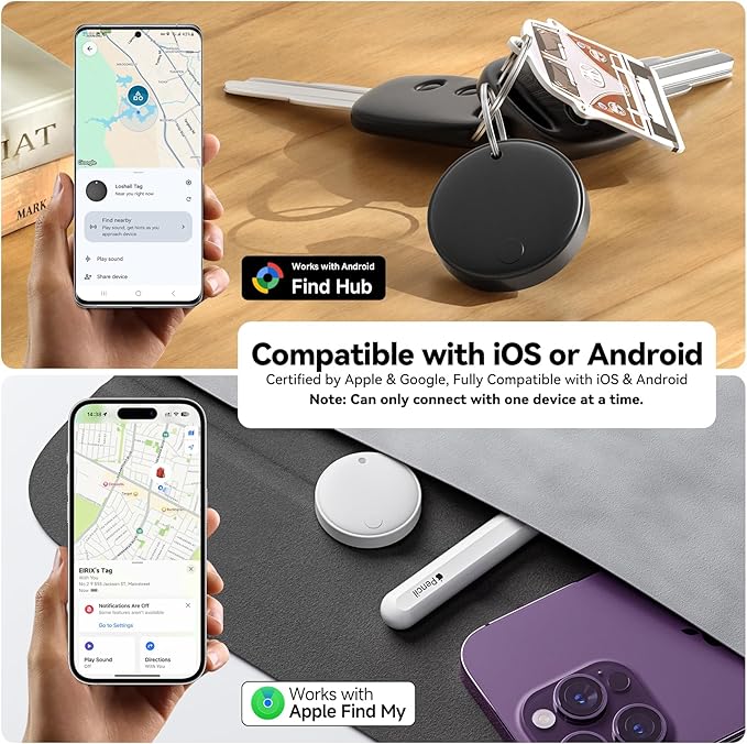 Eelexa Dual Platform (for iOS and Android) Smart Tag Tracker, 4 Pack Dual System Air Tracker Tag Compatible with Apple Find My or Google Find Hub APP, Keys Finder, Item Locator with Waterproof&Light