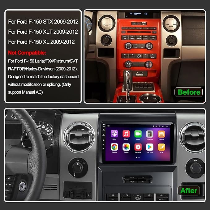 (Only for Manual AC) [4+64G] Car Stereo w/Wireless Carplay & Android Auto for Ford F150 2009 2010 2011 2012 Android 13 9" Touchscreen Radio Upgrade w/AHD Camera, GPS Navigation, SWC, WiFi, FM