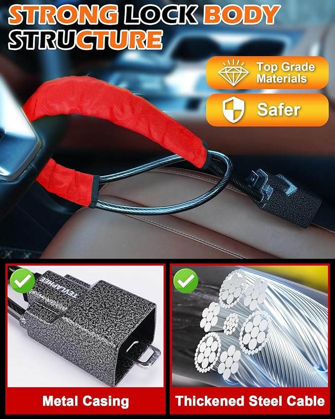 Tevlaphee Steering Wheel Lock Seat Belt Lock Universal Anti Theft Car Device Car Lock Car Theft Prevention with 3 Keys for Car Security Fit Most Vehicles Truck SUV Van (Red)