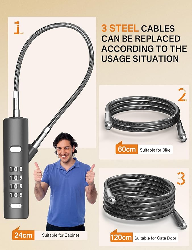 4-Digit Combination Cable Lock with 3 Steel Cables (9"/24"/47") - Secure Reset Only with Current Code - for Bike, Luggage, Gate, Shed, Cabinet - Gun-Grey, 2 Pack