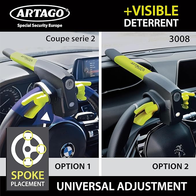 ARTAGO 870 High-End Steering Wheel Lock, 2in1 Without/With 120dB Alarm +Don't Touch +LED, More Secure & Deterrent Around a Spoke, Best Locking Bar, Universal Anti Theft Device for Car Truck Van Camper