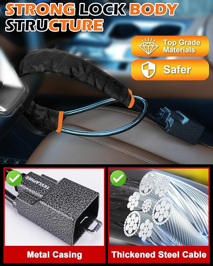 Tevlaphee Steering Wheel Lock Seat Belt Lock Universal Anti Theft Car Device Car Lock Car Theft Prevention with 3 Keys for Car Security Fit Most Vehicles Truck SUV Van (Black)