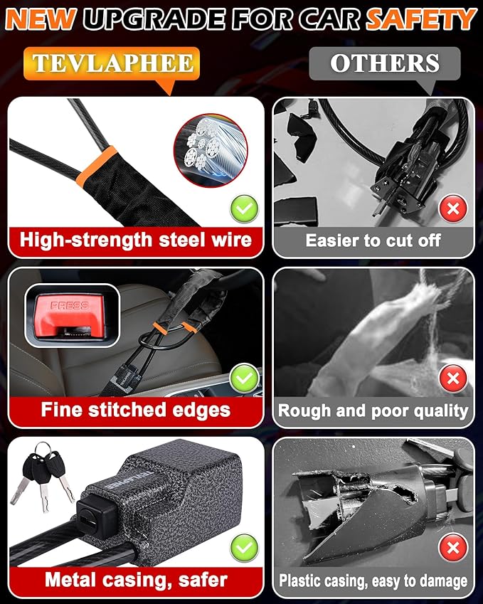 Tevlaphee Steering Wheel Lock Seat Belt Lock Universal Anti Theft Car Device Car Lock Car Theft Prevention with 3 Keys for Car Security Fit Most Vehicles Truck SUV Van (Black)