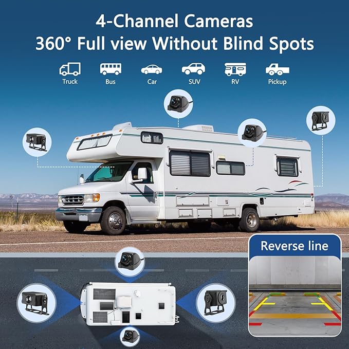 4 Channel Backup Camera System,Touchable 10.1 inch Monitor with DVR Loop Recording, IP69 Waterproof, Nightvision 1080P Camera for RV/Truck/Trailer Pickup, Wired (Cigarette Charger &128G)