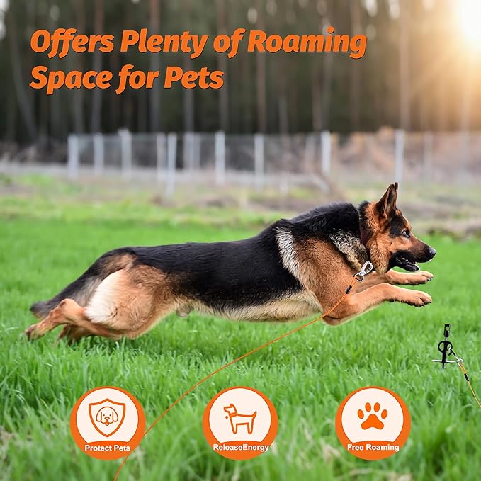 15" Heavy Duty Steel Dog Stake - 9mm Solid Anchor for Dogs Up to 120 lbs - 30FT Orange Tether-Yard, Camping, Outdoor Use (Black, 30ft Cable and Stake)