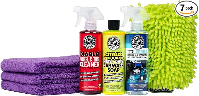 Chemical Guys Clean and Shine Car Wash Starter Kit - 7-Piece Set with 3 x 16 oz Car Detailing Chemicals, Safe for Cars, Trucks, SUVs, Motorcycles, Jeeps, RVs, and More