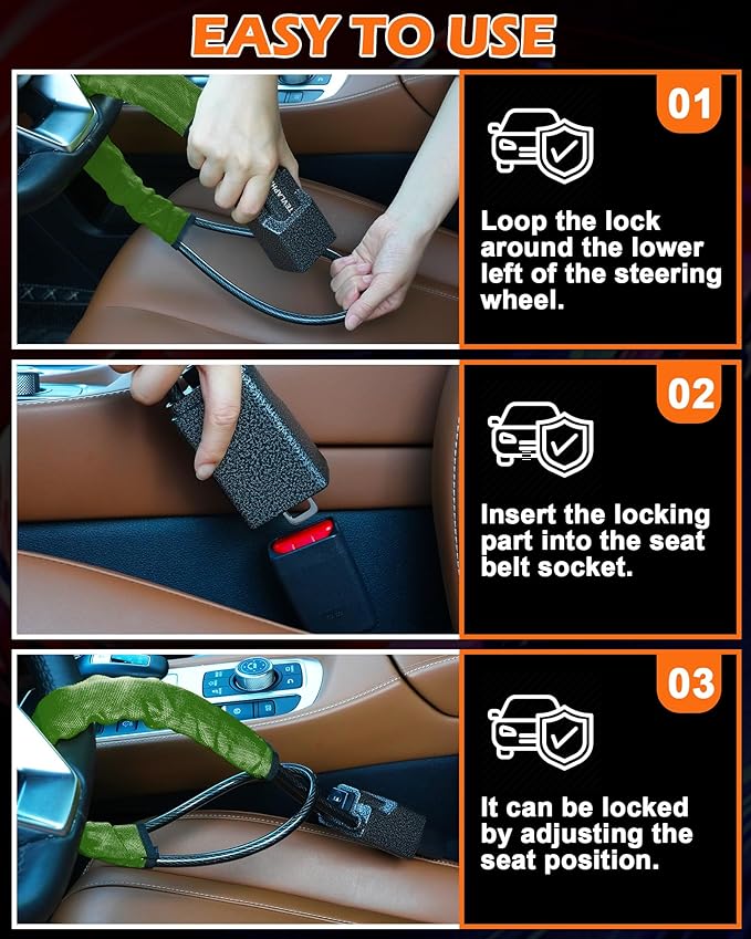 Tevlaphee Steering Wheel Lock Seat Belt Lock Universal Anti Theft Car Device Car Lock Car Theft Prevention with 3 Keys for Car Security Fit Most Vehicles Truck SUV Van (Green)