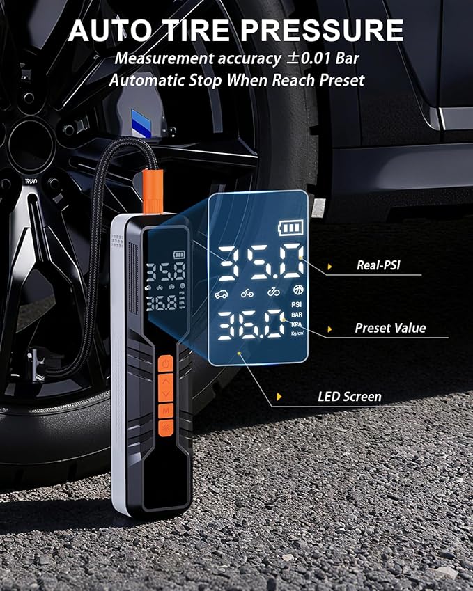 Tire Inflator Portable Air Compressor 6X Air Pump for Car Tires, 150PSI&5400 mAh Portable Tire Inflator for Car,DC 12V Air Compressor with Pressure Gauge/LED Light, for Car Tires/Bike/Motorcycle/Ball