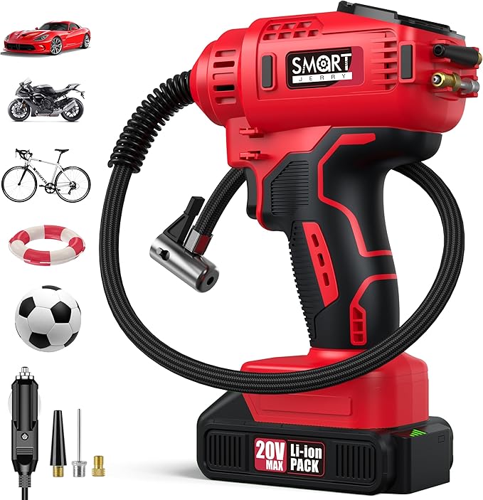 SMART JERRY - Car Tire Inflator Portable Air Compressor | 20V/12V Dual-Power Cordless Air Pump with 150 PSI Max Pressure & Smart Auto-Stop | Fast Inflation for Cars, Motorcycles, Bikes, Sports Balls