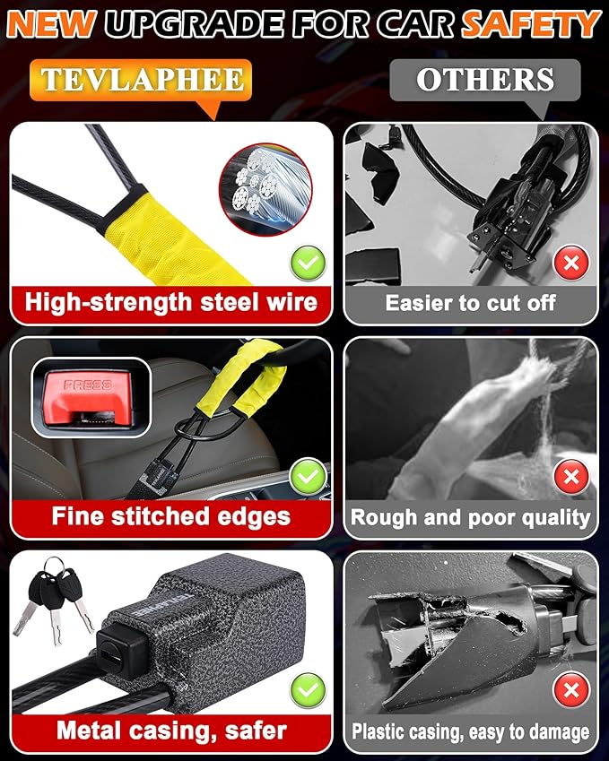 Tevlaphee Steering Wheel Lock Seat Belt Lock Universal Anti Theft Car Device Car Lock Car Theft Prevention with 3 Keys for Car Security Fit Most Vehicles Truck SUV Van (Yellow)