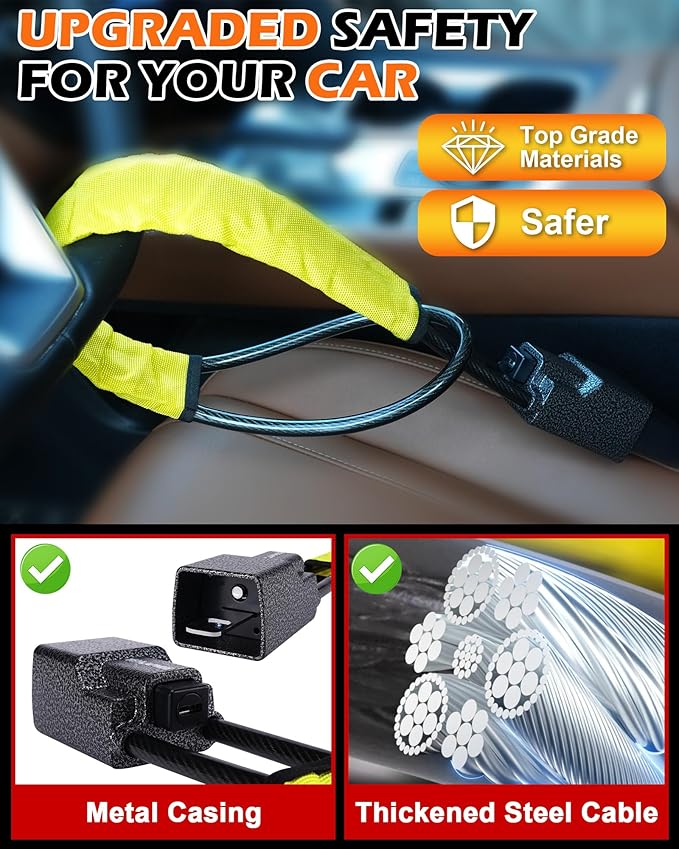 Tevlaphee Steering Wheel Lock Seat Belt Lock Universal Anti Theft Car Device Car Lock Car Theft Prevention with 3 Keys for Car Security Fit Most Vehicles Truck SUV Van (Yellow)