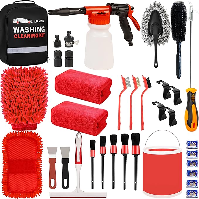 Car Wash Kit - Car Cleaning Kit,Car Wash Kit with Foam Gun, Microfiber Sponge and Towels,Tire Brush, Collapsible Bucket,Car Wash Foam Gun