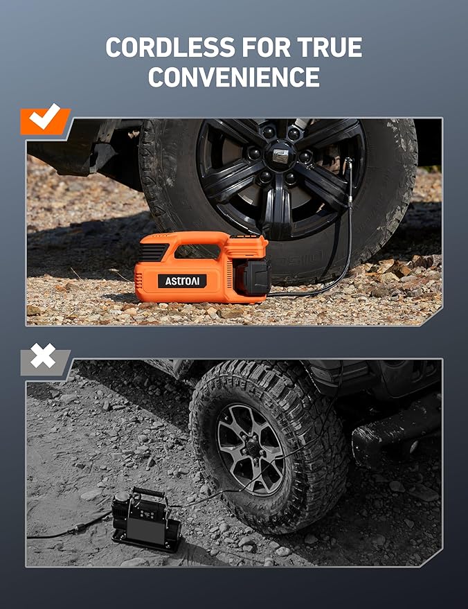 AstroAI TC4 Portable Air Compressor Tire Inflator, 470W 18V Cordless Air Pump for Truck Tires with 4000mAh Battery, 150PSI Heavy Duty Air Compressor with Digital Display for Car, RVs, SUV (Orange)
