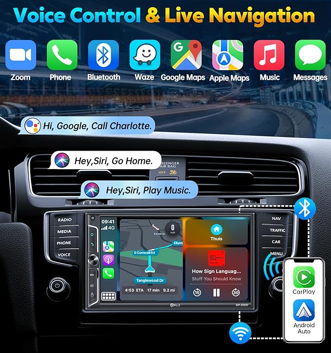 PLZ 7" Wireless Double Din Car Stereo Apple Car Play Radio Carplay Android Auto QLED Touch Screen, Bluetooth 5.3 Audio Receivers, 1080P Backup Camera, 4.2 Channel Outputs 240W, 2 Subwoofer, FM/AM, SWC