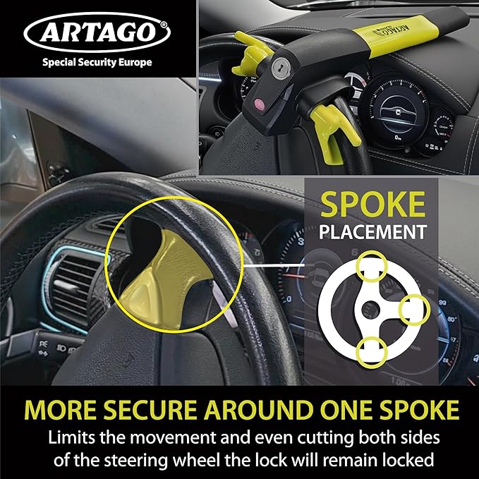 ARTAGO 870 High-End Steering Wheel Lock, 2in1 Without/With 120dB Alarm +Don't Touch +LED, More Secure & Deterrent Around a Spoke, Best Locking Bar, Universal Anti Theft Device for Car Truck Van Camper