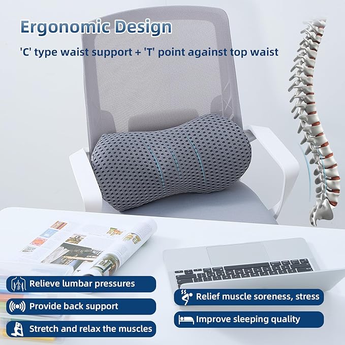 Lumbar Pillow, 2 Pack Memory Foam Lumbar Support Pillow for Office Chair and Car Seat, Ergonomic Streamline Back Pillow for Lower Back Pain Relief, Back Support Pillow for Sitting, Driving, Traveling
