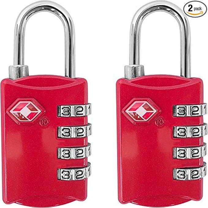 TSA Locks for Luggage, 2-Pc Durable Steel Padlock, Keyless Easy to Read 4-Digit Combination Lock for Backpacks, Travel Suitcases, Toolbox, Filing Cabinets, Baggage & Gym Locker, Red