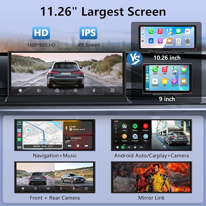 Largest 11.26" Apple Carplay Screen for Car 4K Dash Cam 350° Rotatable Camera【Cust-omized Bracket】 Car Tablet Pro Max w Carplay & Android Auto Real-time Navigation Bluetooth Audio Mirror Link