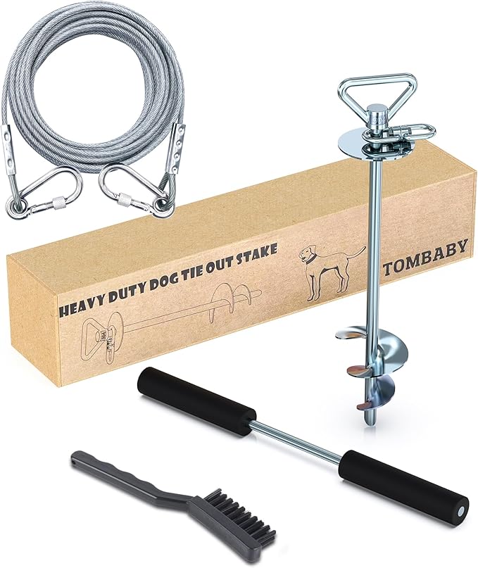 TOMBABY Dog Tie Out Cable and Stake,with 30FT Heavy Duty Cable,360° Swivel Dog Anchor& Anti-Tangle,Dog Runner for Yard,Dog Stake Allows Dogs Up to 150 lbs, Dog Stakes for Outside Beach,Camping, Yard