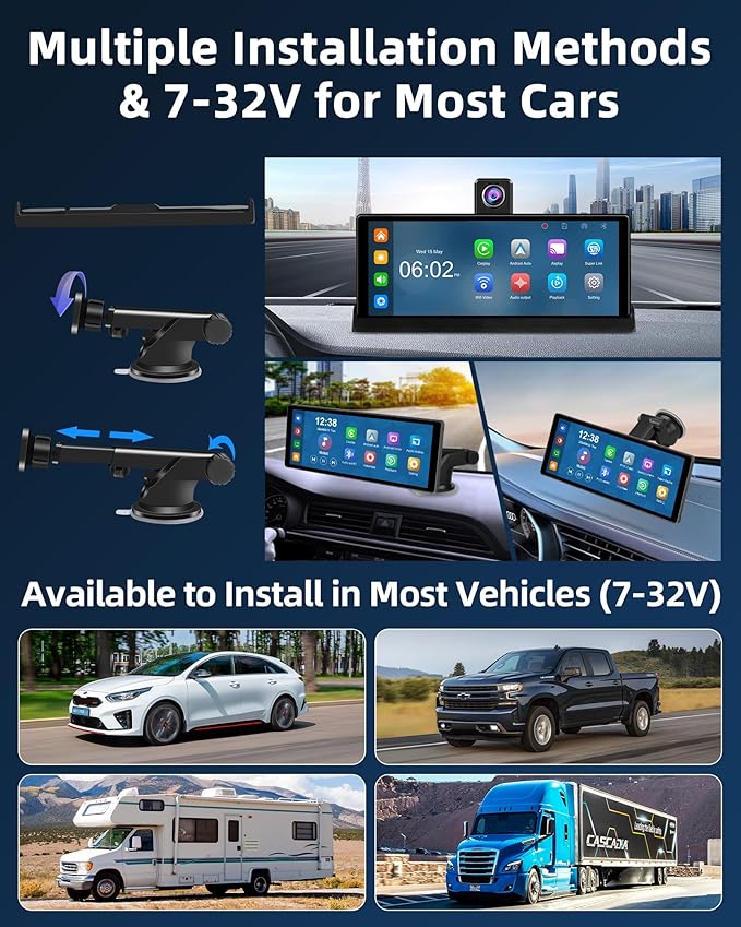 【350° Rotatable Lens】10.26''Wireless Apple CarPlay Screen for Car & 4K Dash Cam Portable Android Auto Car Stereo, Car Audio Receivers 1080P Backup Camera, Bluetooth/GPS Navigation/AirPlay/Googel/Siri