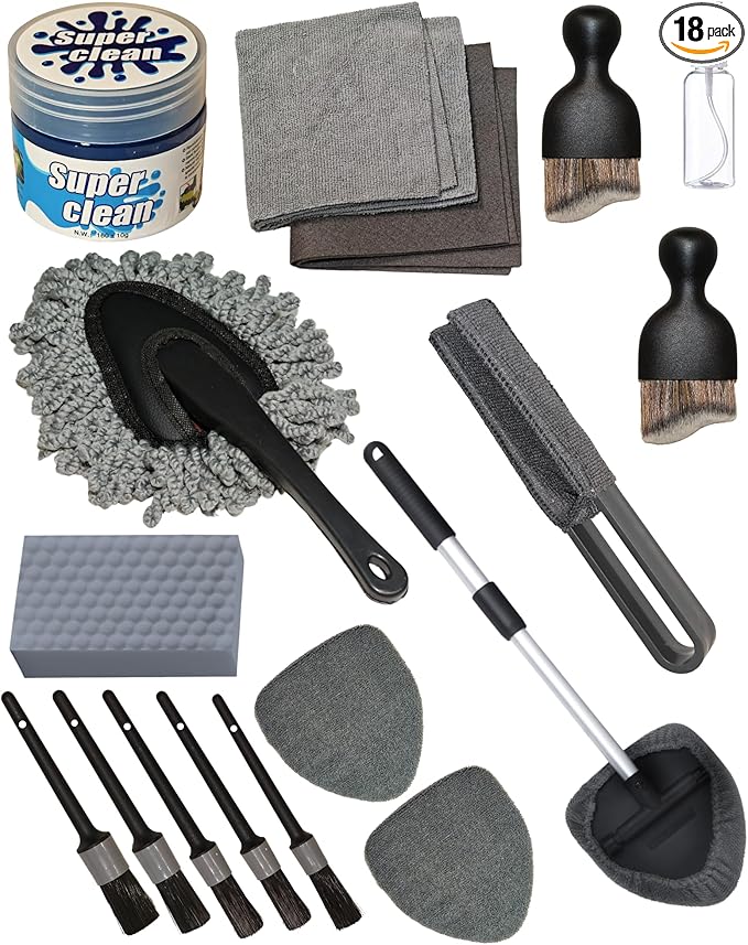 18Pcs Professional Car Interior Detailing Kit All-in-One Cleaning Tools for Windows, Dashboard, Vents, Windshield Cleaner Brush, Magic Sponge, Chamois Cloth, Detailing Brushes & Accessories