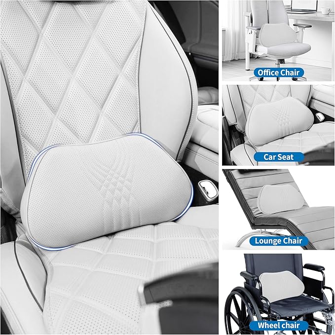 Lumbar Support Pillow for Car Seat, Office Chair Leather Memory Foam Lower Back Cushion for Back Pain Relief Improve Posture, Ergonomic Back Rest for Gaming Chair, Off-White (Beige), 1PC