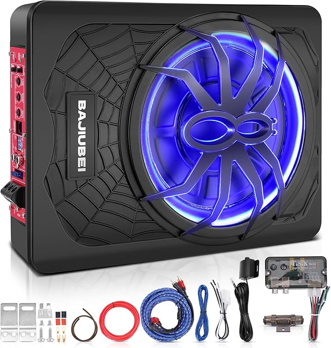 10" 1200W Slim Under Seat Powered Car Subwoofer Hideaway Subwoofer with Complete Mounting Wire Kit, Car Truck Audio Subwoofer Built in Amplifier Sub Amp Combo, with Blue LED Ambient Light