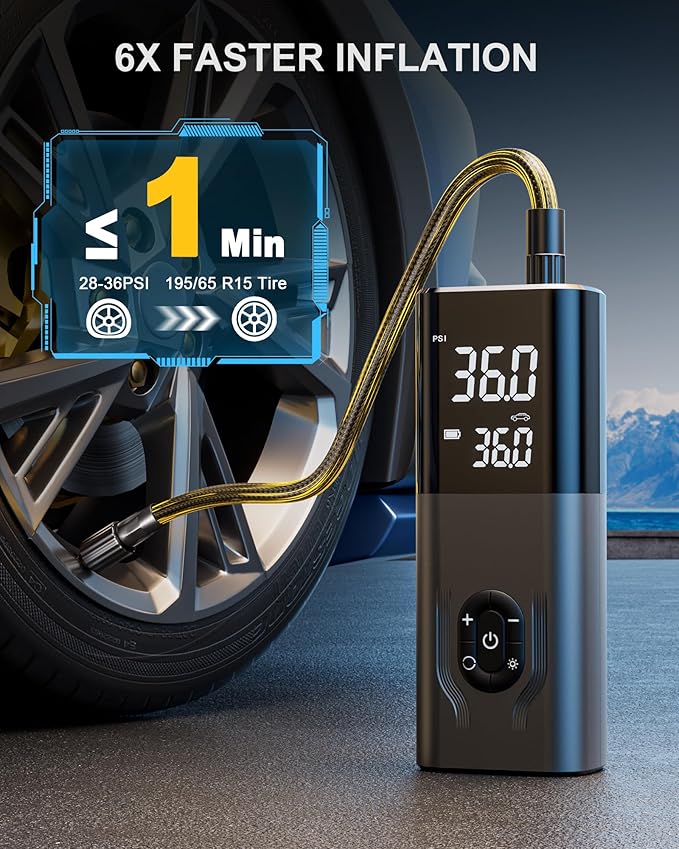 Tire Inflator Portable Air Compressor, 180PSI Cordless Air Compressor, 6X Faster Air Pump with Digital Pressure Gauge, Tire Pump with Dual Mode Inflation for Car, Motorcycle, Bicycle and Ball