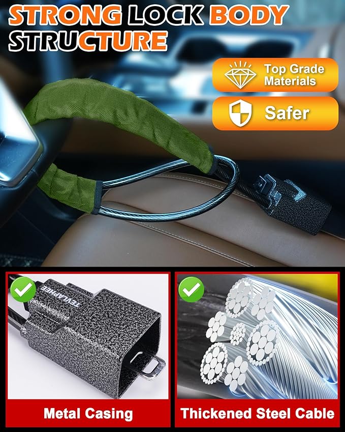 Tevlaphee Steering Wheel Lock Seat Belt Lock Universal Anti Theft Car Device Car Lock Car Theft Prevention with 3 Keys for Car Security Fit Most Vehicles Truck SUV Van (Green)